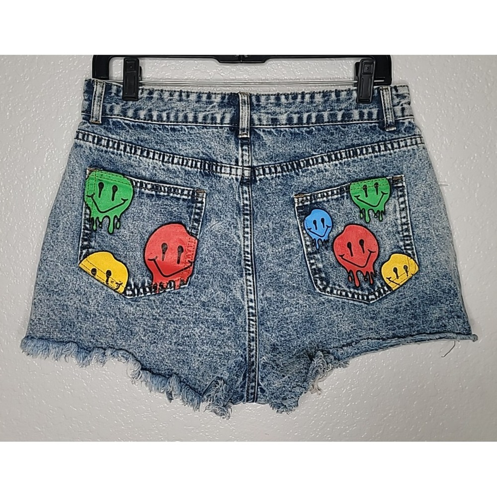 Smiley Face Denim Shorts Womens L Distressed Cut Off Festival Summer - Picture 2 of 13